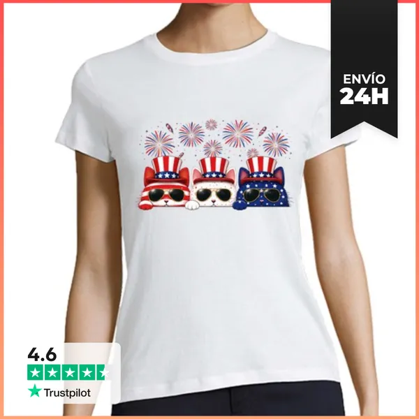 Camiseta Mujer Clásica Gatos Del 4 De Julio Gato Con Sombrero De