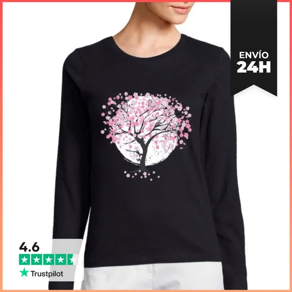 Camiseta Mujer Manga Larga Flores De Cerezo Cerezo Japón