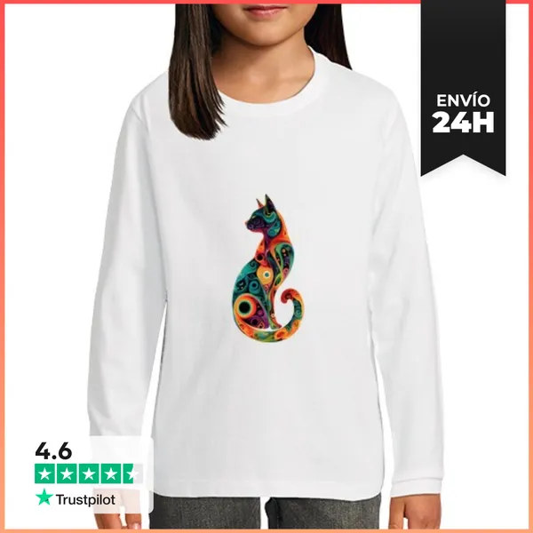 Camiseta Manga Larga Para Niños Diseño De Gato Psicodélico Arte