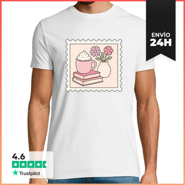 Camiseta Hombre Clásica Sello De Correo Libros Café Y Flores