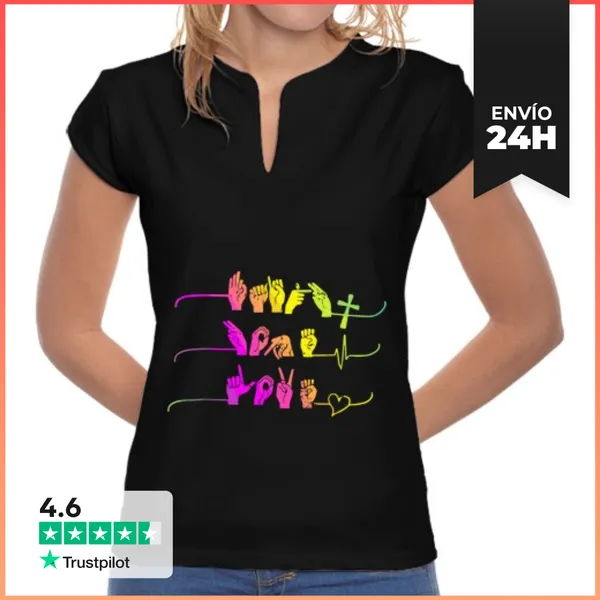 Camiseta Mujer Cuello Mao Fe Esperanza Amor Asl Lenguaje De Señas