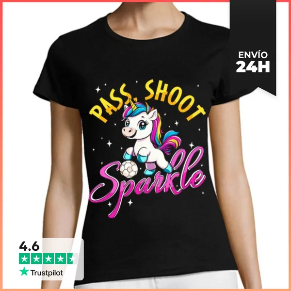 Camiseta Mujer Clásica Pasa Dispara Brilla Unicornio Fútbol Niños