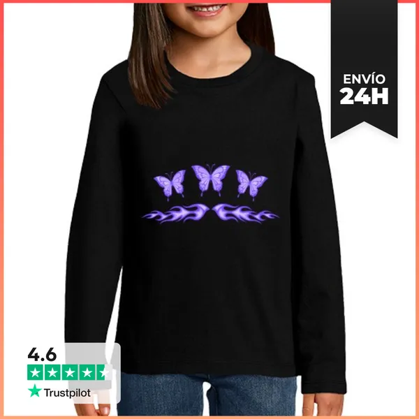 Camiseta Manga Larga Para Niños Tatuaje De Mariposa Morada