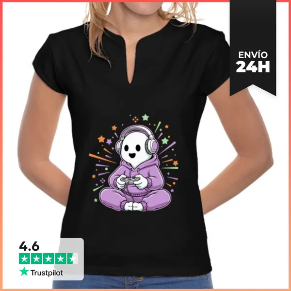 Camiseta Mujer Cuello Mao Halloween Gamer Dibujo Animado Aterrado