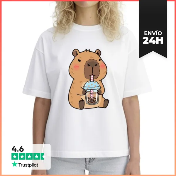 Camiseta Mujer Boxy Capibara Con Té Y Estilo Tranquilo