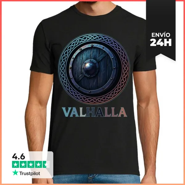 Camiseta Hombre Clásica Escudo Vikingo Valhalla Mitología Nórdi