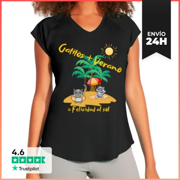 Camiseta Deportiva Mujer Gatitos Y Verano Igual Felicidad Al Sol