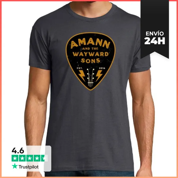 Camiseta Hombre Clásica Logo AMANN Púa Negro Y Dorado Hombre,