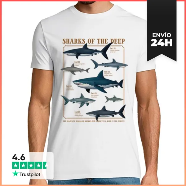 Camiseta Hombre Clásica Tabla De Tiburones De Diferentes Especi