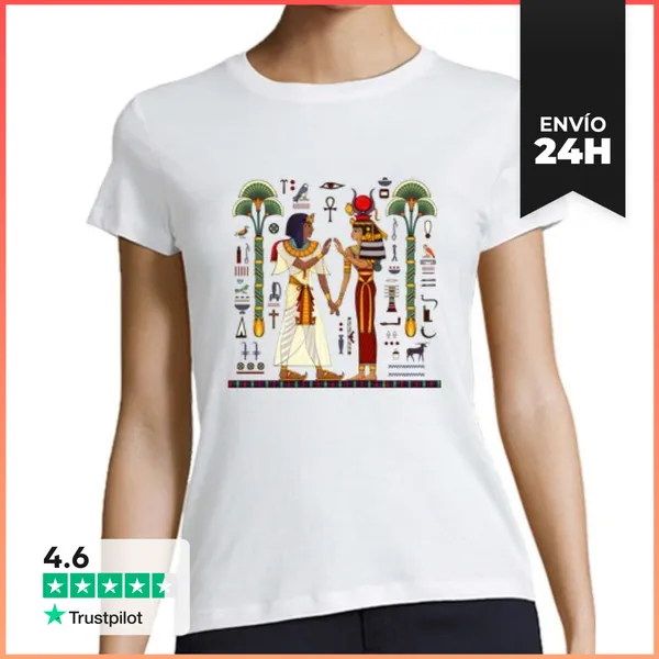 Camiseta Mujer Clásica Faraón Y Diosa Egipcia Con Jeroglíficos Y