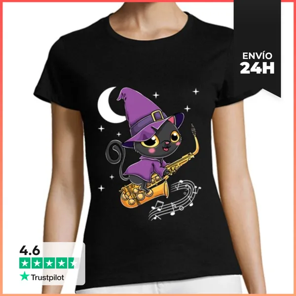 Camiseta Mujer Clásica Saxofón Halloween Bruja Kawaii De Miedo