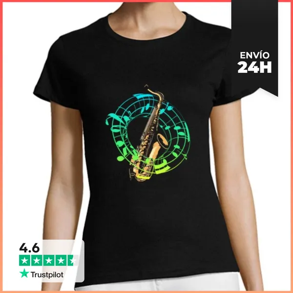 Camiseta Mujer Clásica Notas Musicales Saxofonista Saxofonista