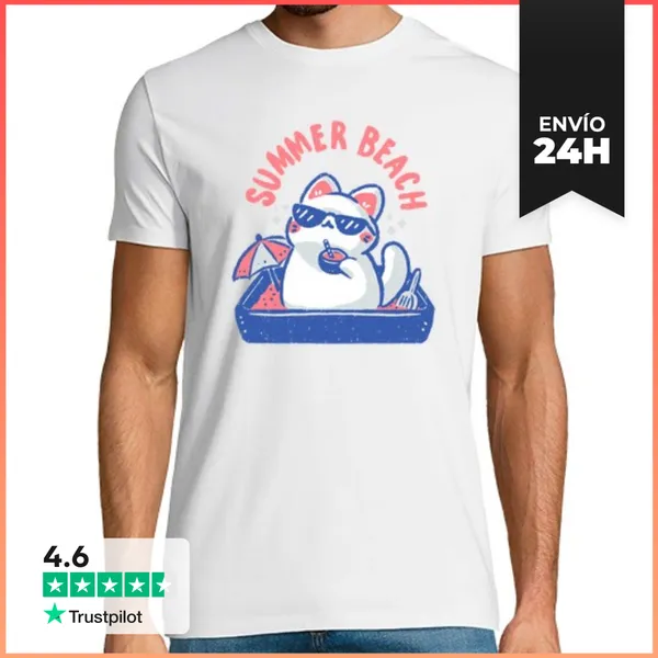 Camiseta Hombre Clásica Gato Divertido De Playa En Verano