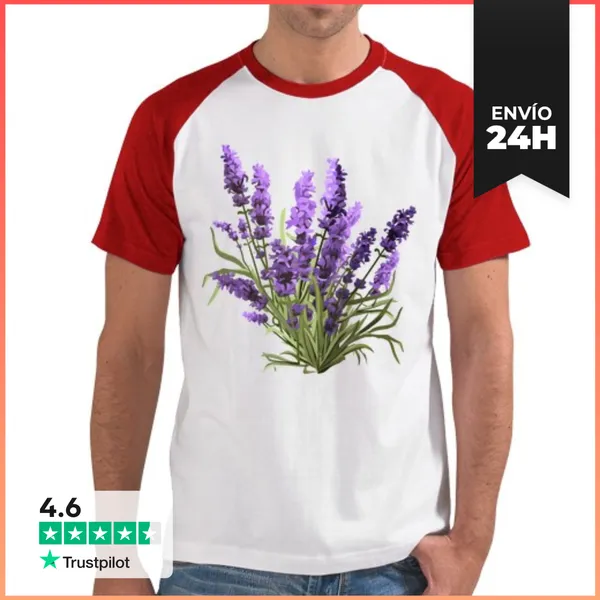Camiseta Hombre, Estilo Béisbol Flores De Lavanda - Hermosa