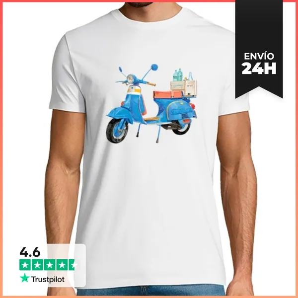 Camiseta Hombre Clásica Scooter Azul Vintage Y Caja De Botellas