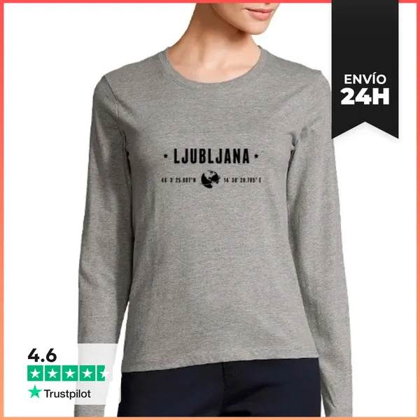 Camiseta Mujer Manga Larga Ljubljana Texto Negro Coordenadas