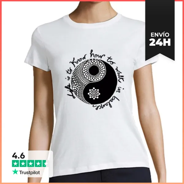 Camiseta Mujer Clásica Camiseta Mandala Ying Yang Mujer, Manga
