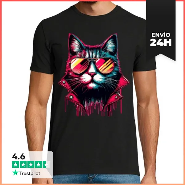 Camiseta Hombre Clásica Genial Gato Retro Cyberpunk LaTostadora