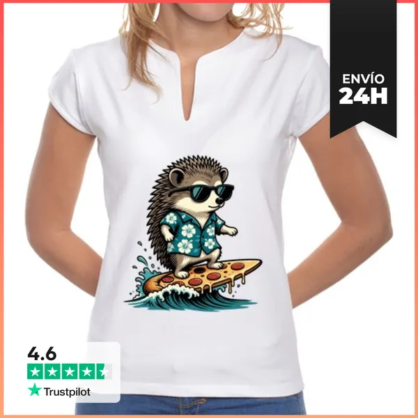 Camiseta Mujer Cuello Mao Erizo Surfista Divertido En Pizza