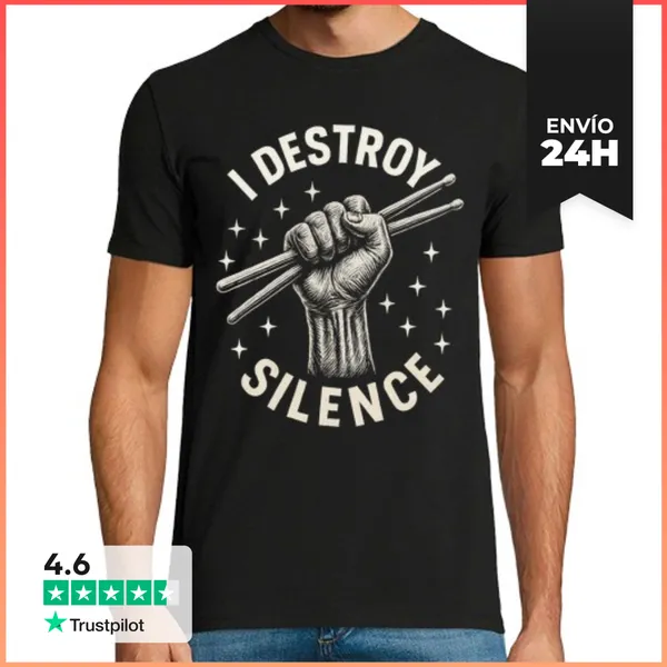 Camiseta Hombre Clásica Bateria I Destroy Silence Baterista Roc