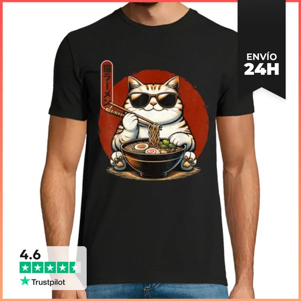 Camiseta Hombre Clásica Gato Ramen Kawaii Anime Japonés Kawaii