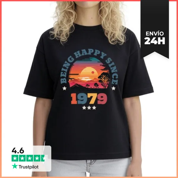 Camiseta Mujer Boxy Being Happy Since 1979 Vintage Sunset