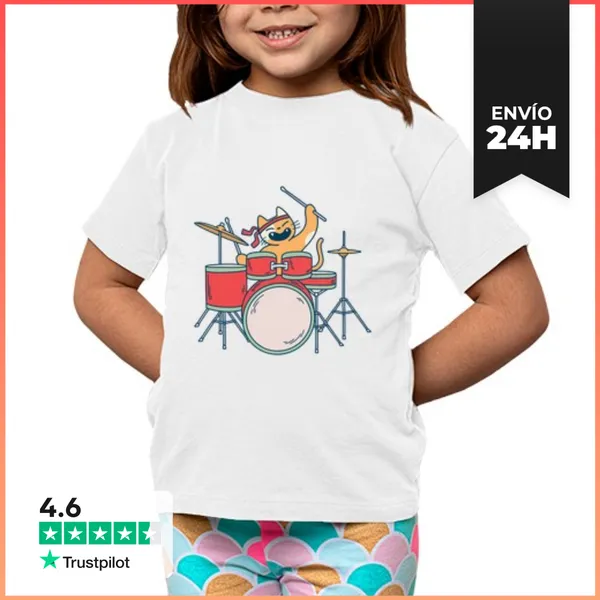Camiseta Clásica Para Niños Gato Baterista LaTostadora