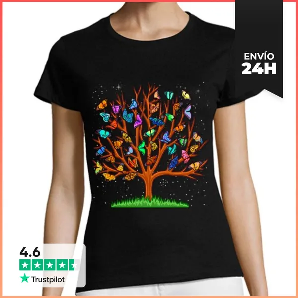 Camiseta Mujer Clásica Árbol De La Vida Mariposas Noche Zen