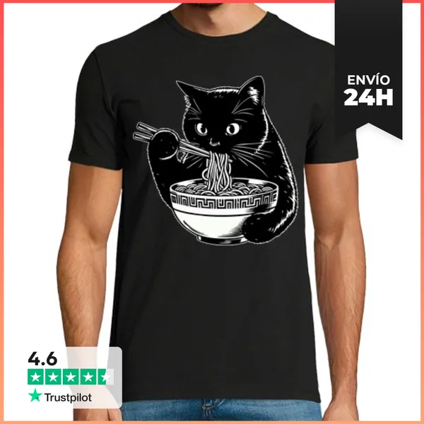 Camiseta Hombre Clásica Gato Comiendo Fideos Ramen Japoneses