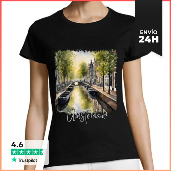 Camiseta Mujer Clásica Acuarela De Ámsterdam, Ámsterdam Holanda