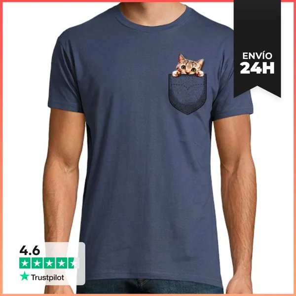 Camiseta Hombre Clásica Camiseta Con Gato En El Bolsillo