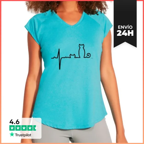 Camiseta Deportiva Mujer Electrogatograma Gato En Negro