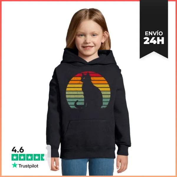 Sudadera Para Niños Con Capucha SILUETA GATO PUESTA DE SOL RETRO