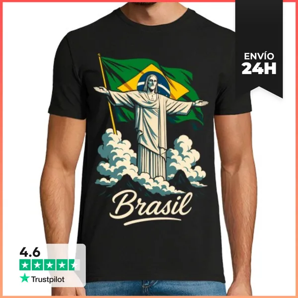 Camiseta Hombre Clásica Brasil Cristo Redentor Bandera Rio De