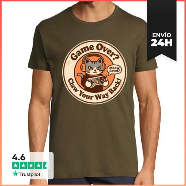 Camiseta Hombre Clásica Divertido Gato Atigrado Gris Gamer Ábre