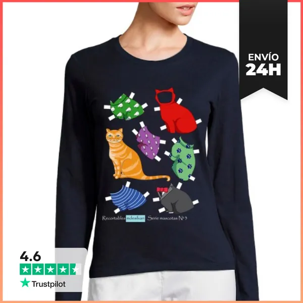 Camiseta Mujer Manga Larga RECORTABLE GATO NARANJA CON LETRA