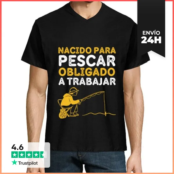 Camiseta Hombre, Cuello Pico Nacido Para Pescar Obligado A