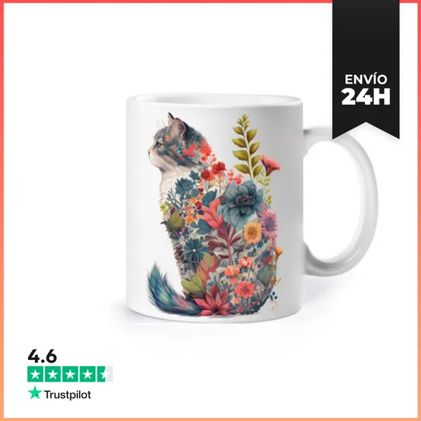 Taza Gato Flores Barroco Estilo Boho Arte Taza Desayuno