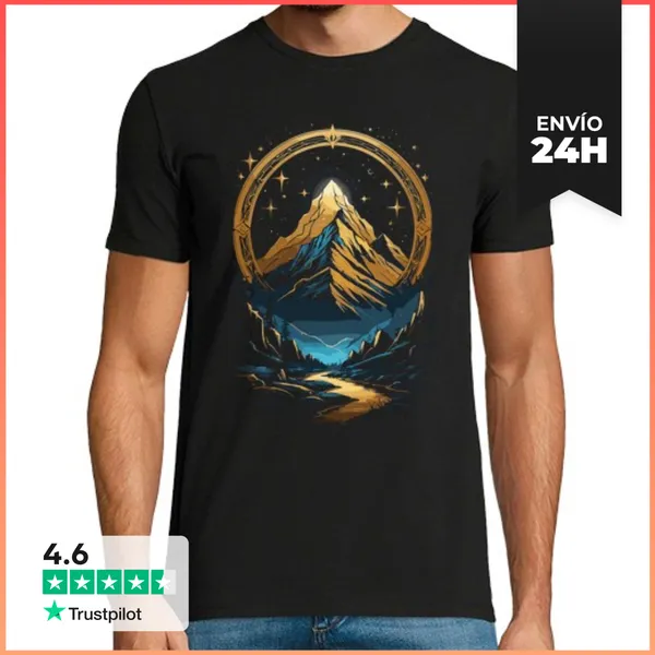 Camiseta Hombre Clásica Paisaje De Montaña Dorada Con Marco