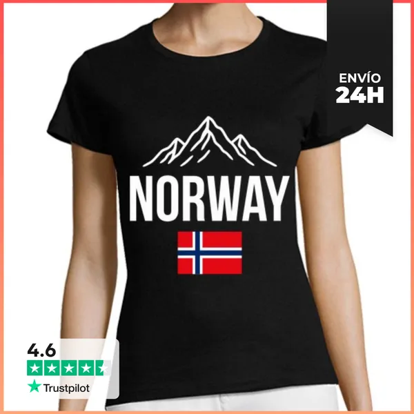 Camiseta Mujer Clásica Norway Montanas Y Bandera Noruega