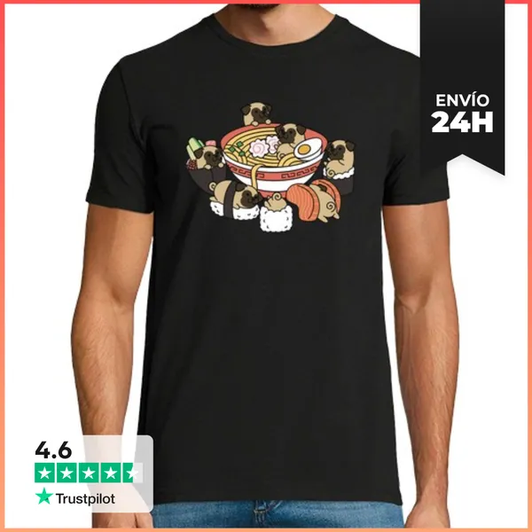 Camiseta Hombre Clásica Perro Pug Ramen Sushi LaTostadora