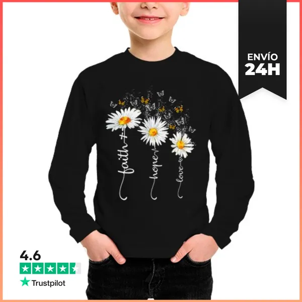 Camiseta Manga Larga Para Niños Fe Esperanza Amor Mariposa