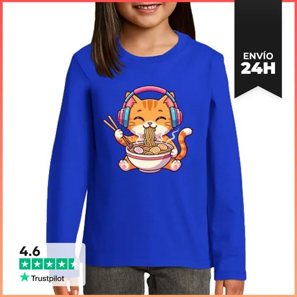 Camiseta Manga Larga Para Niños Gato Kawaii Ramen Música