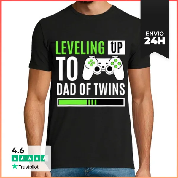Camiseta Hombre Clásica Subiendo De Nivel A Papá De Gemelos Gamer