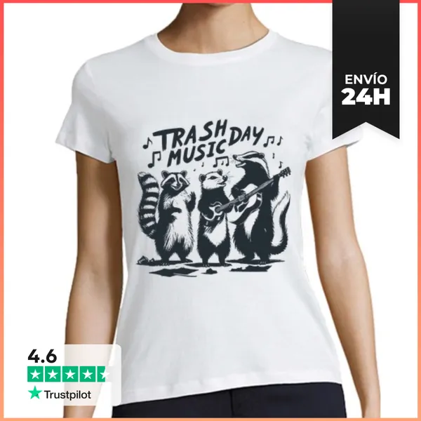 Camiseta Mujer Clásica Día De Basura Música Divertido Mapache