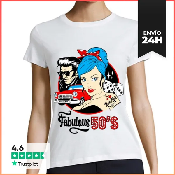 Camiseta Mujer Clásica Rockabilly Pin Up Girl Retro 50s Rock And