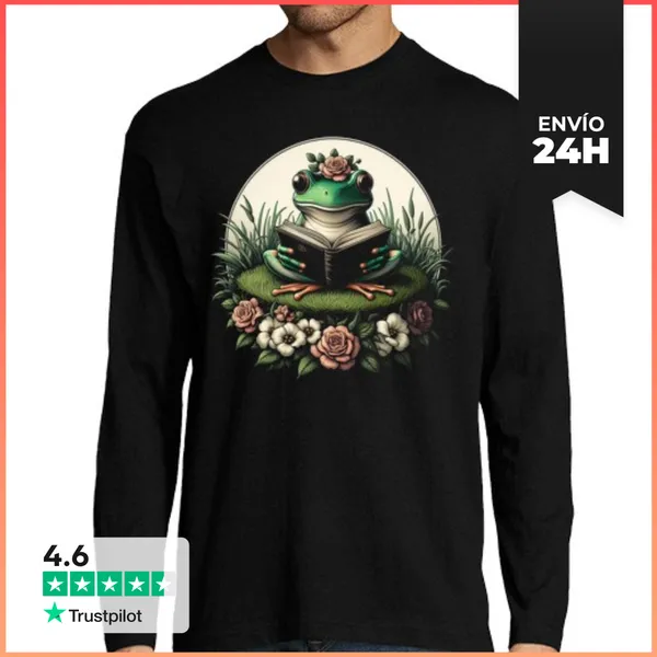 Camiseta Hombre Manga Larga Estética De Libro De Lectura De Ranas
