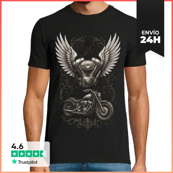 Camiseta Hombre Clásica Alas Y Motor En V Moto Chopper Vintage