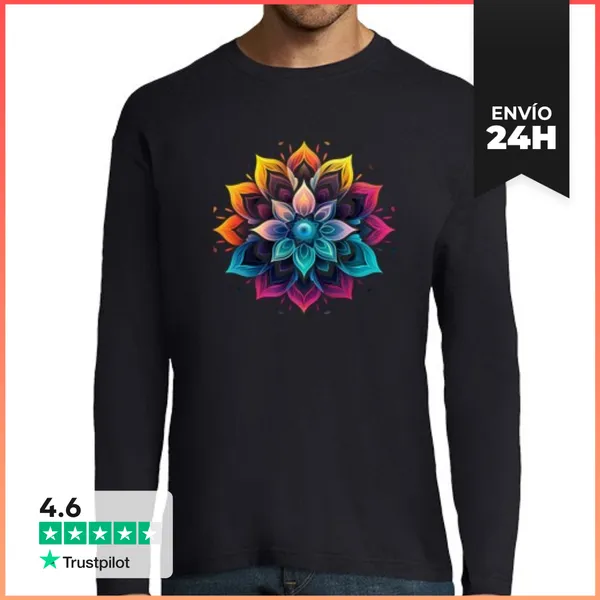 Camiseta Hombre Manga Larga Mandala En Mangas Largas Negras