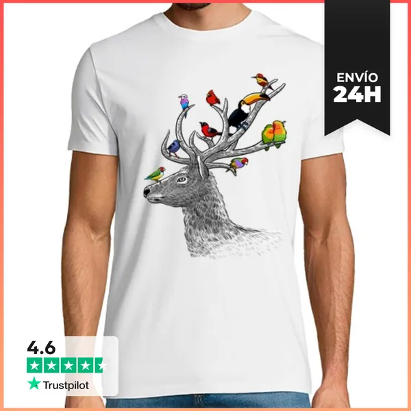 Camiseta Hombre Clásica Ciervo Con Pájaros Tropicales LaTostadora